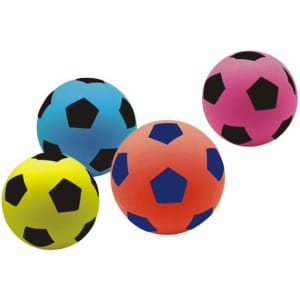 A set of four colourful football-shaped stress relievers in pink, orange, blue, and yellow with black details.