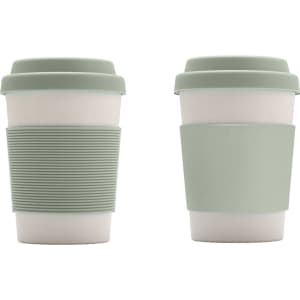 A drink bottle styled coffee cup in pale green, made from bamboo fibre with a silicone lid and sleeve, featuring a logo.