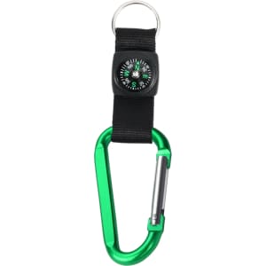 A green carabiner keychain with a black strap and a compass attached on top.