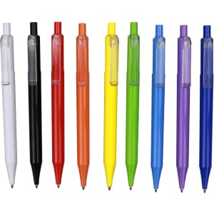 A row of plastic pens in white, black, orange, red, yellow, green, and purple, featuring a transparent clip.