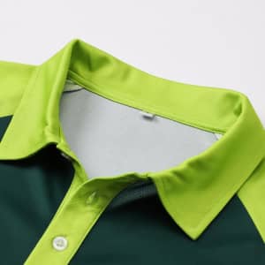 A green and lime unisex polo shirt with a collar and a logo on the chest area.