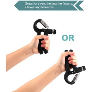 A black adjustable hand grip, designed for strengthening fingers, elbows, and forearms, held in two different hand positions.