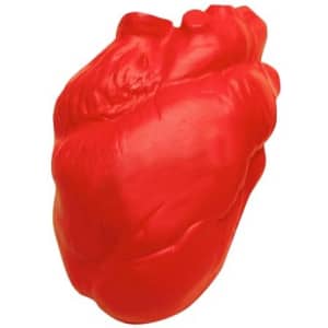 A red heart-shaped stress reliever made of soft material, featuring a detailed design and a branding logo.