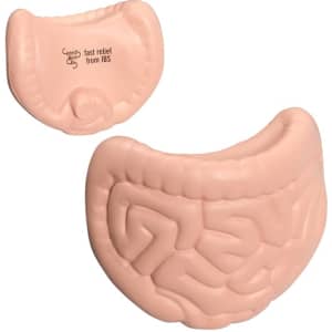 A pink intestines-shaped stress reliever with a textured surface, featuring a branding logo.