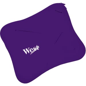 A purple laptop bag with multiple pouches and a logo. The bag features a smooth surface and a zip.