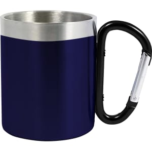 A drink bottle featuring a navy blue recycled stainless steel body and black carabiner handle with a silver rim.
