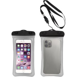A waterproof case for smartphones, featuring a clear design with black accents and a lanyard.
