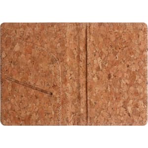 A cork passport holder in natural tones with an open design and a slot for cards, featuring a logo.