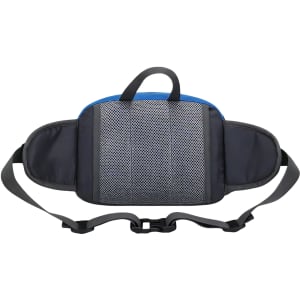 A drink bottle holder waist bag in blue and black with a mesh panel and adjustable straps. Features a logo.
