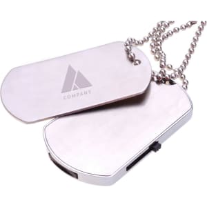 A silver dog tag flash drive with a smooth surface and an attached chain for easy carrying.