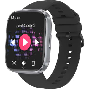 A square smart watch with a black strap displaying a music interface on the screen. It features a logo.