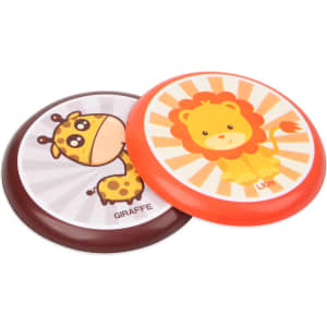 Two colourful PU soft frisbees featuring a giraffe and a lion design, both with playful cartoon illustrations.