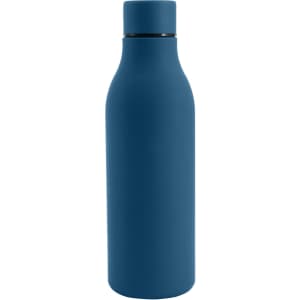A drink bottle in a matte blue finish with a black lid and a rubber coating. It features a logo.
