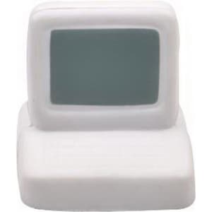 A white computer-shaped stress reliever with a grey screen and a soft, squishy texture. It has a logo on it.