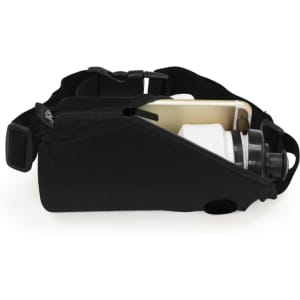 A black running belt with a drink bottle and a pocket, featuring an adjustable strap and logo.