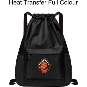 A black drawstring backpack with a front pocket and a circular basketball logo. Features adjustable straps.