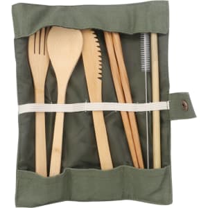 A bamboo cutlery set in a green fabric wrap, including a fork, knife, spoon, and straw.