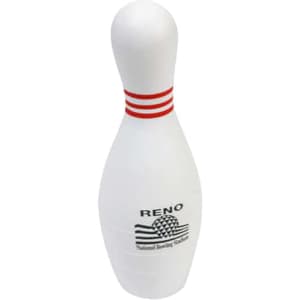 A bowling pin-shaped stress reliever in white with red stripes and a logo on the front.