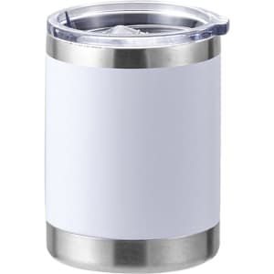 A drink bottle featuring a white exterior and stainless steel bottom, with a clear lid. It includes a branding logo.