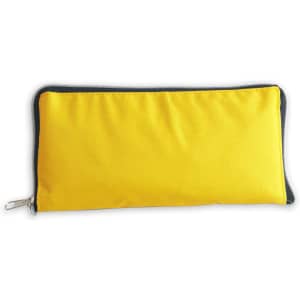 A yellow foldable tote bag with a black zip, featuring a simple and sleek design. The bag is neatly closed.