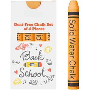 A box containing four orange dust-free chalk sticks, with a single stick displayed beside it. The box features a logo.