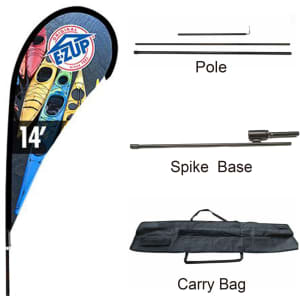 Teardrop banner featuring a colourful design, a pole, spike base, and a carry bag for easy transport.