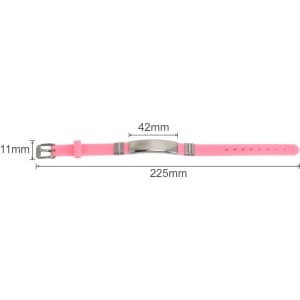A pink metal bracelet featuring a stainless steel clasp and measuring 225mm in length and 42mm in width.