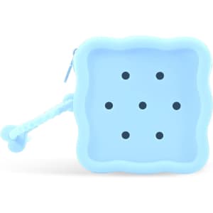 A square silicone pouch in light blue with six holes and a zip closure. It includes a flexible handle.