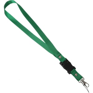 A green lanyard with a clip and buckle, designed for holding items securely.