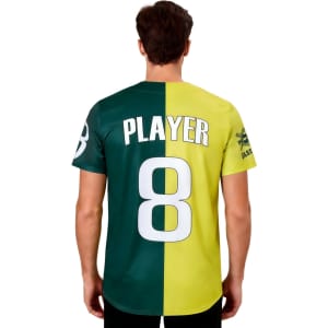 A full-button baseball jersey featuring a split design in green and yellow, with a logo and the number 8.