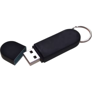 A black Erato flash drive with a cap removed, featuring a keychain attachment.