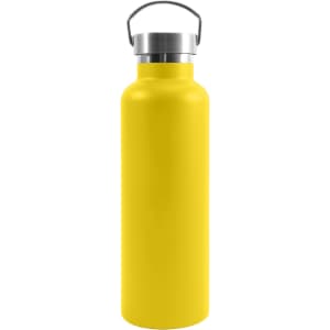 A drink bottle made of recycled stainless steel, featuring a bright yellow finish and a silver steel lid with a handle.