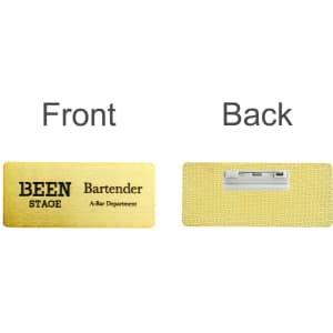 A gold metal name badge featuring a front and back design, with a logo on one side and a pin clip on the reverse.