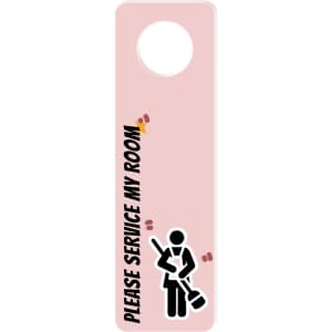 A pink acrylic door hanger featuring a cleaning service icon and a circular cutout at the top.