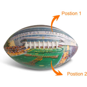 A promotional American football featuring multi-coloured graphics and a white lacing. It has a logo on the surface.