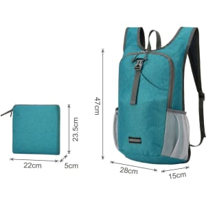 A large, teal packable camping backpack beside a compact folded version with light grey accents.