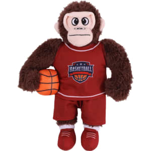 A plush toy of a monkey in a red basketball uniform, holding a basketball, with a logo on the outfit.