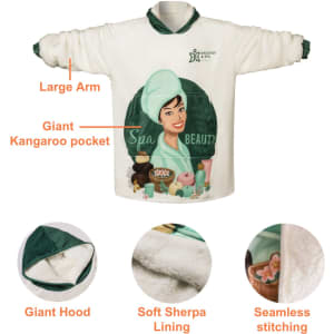 A wearable blanket in white with a green hood and giant kangaroo pocket, featuring a spa-themed graphic design.