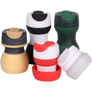 A drink bottle collection featuring collapsible silicone coffee cups in black, green, white, red, and yellow, with various lids.