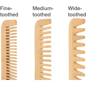 A set of three eco-friendly bamboo combs: fine-toothed, medium-toothed, and wide-toothed. Each comb displays a natural bamboo colour.