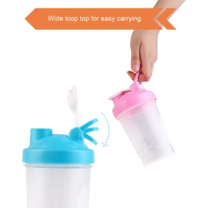 A drink bottle featuring a blue and pink design, with a wide loop top for easy carrying. Includes a logo.