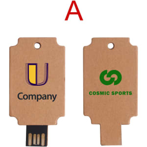 A brown eco-friendly flash drive with a USB connector, featuring a logo on one side and branding on the reverse.