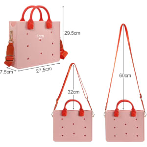 A pink EVA tote bag with red handles and an adjustable strap, featuring holes for added design.