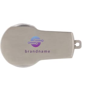 A metallic silver flash drive with a rounded design and a branding logo on the surface.