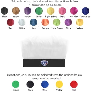 A selection of colours for a Solid Headband Wig and matching headbands in various shades including black, green, and red.