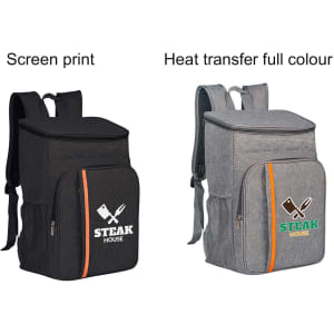 A large capacity cooler backpack in black and grey with a front pocket and adjustable straps, featuring logos.