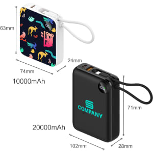 A power bank in white with colourful animal designs, and a black power bank, both showcasing different capacities and a logo.