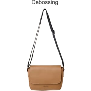 A tan polyurethane shoulder bag with a black strap, featuring a flap closure and a logo.