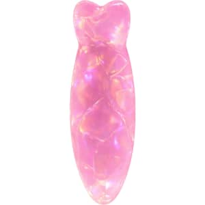 A fish-shaped hair clip in iridescent pink, featuring a glossy finish and a curved design.