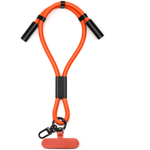 An orange charging phone strap with black connectors and a clip attachment.